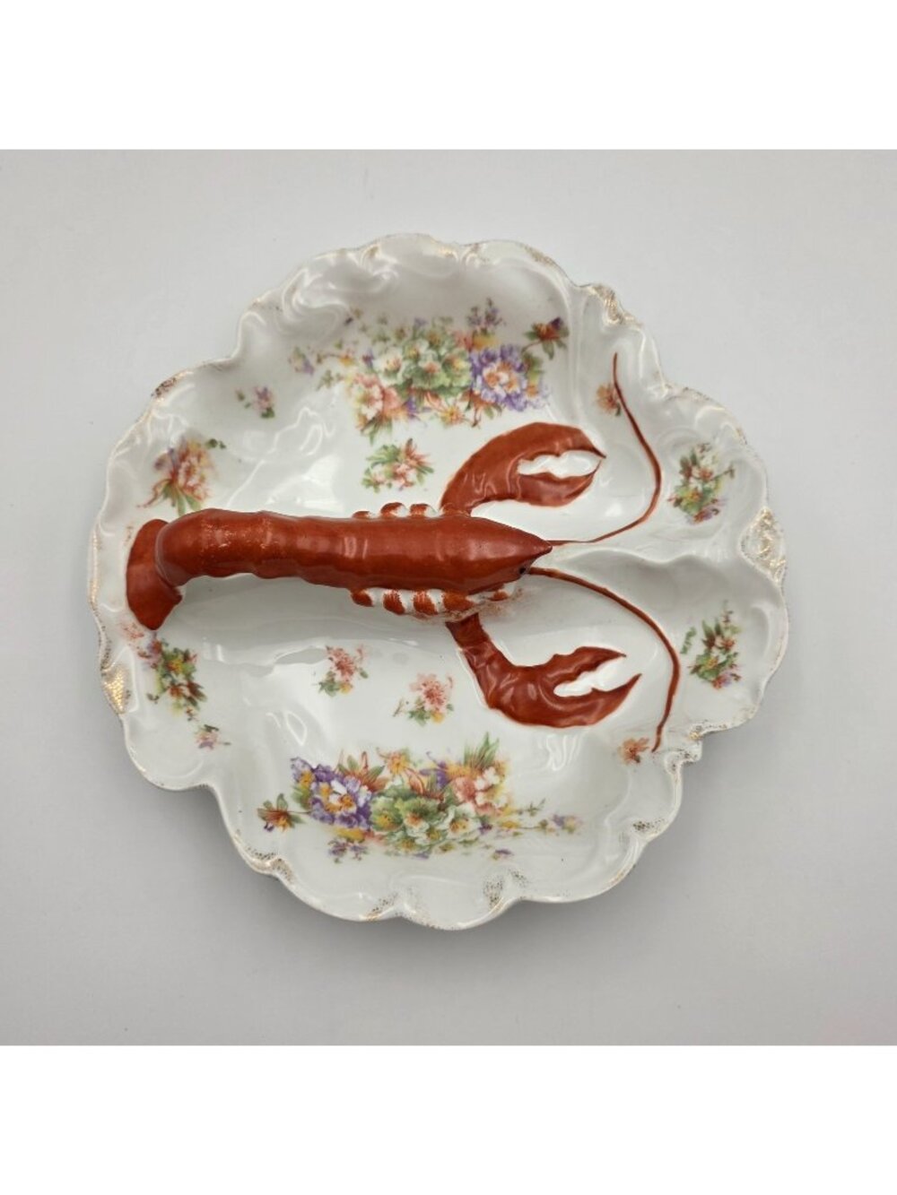 Vintage German Porcelain Lobster Relish Dish Floral Gold Gilt Divided Serving